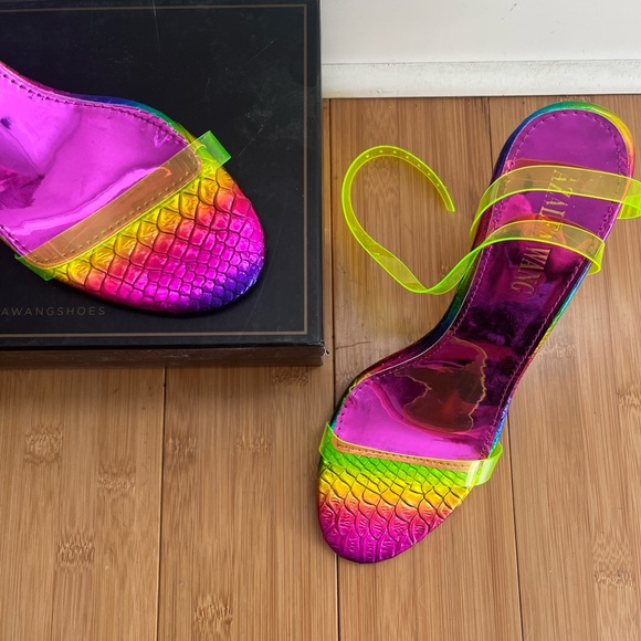 AKIRA Azalea Wang Neon Rainbow Snake Print Heels - Picture 2 of 6